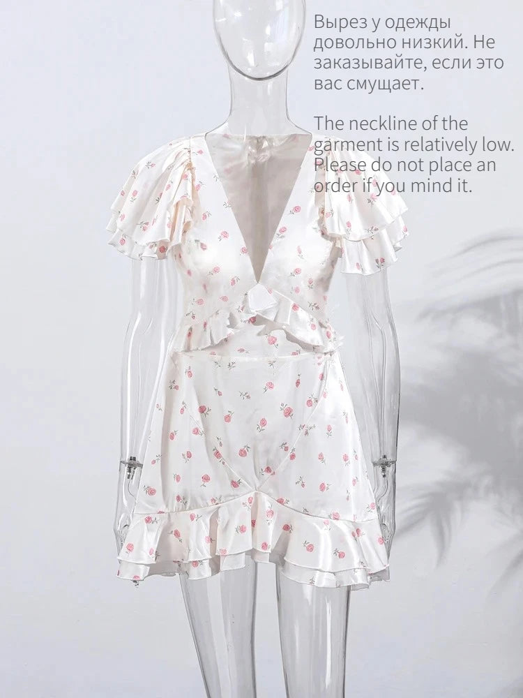 Robe mini florale à volants printemps-été 2026 pour femme – Jupe courte plissée à col en V, tenue décontractée élégante et à la mode