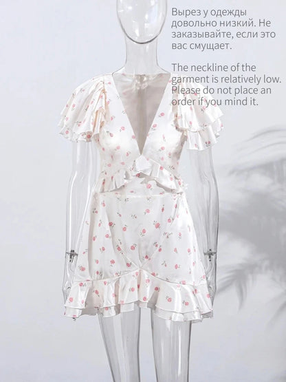 Robe mini florale à volants printemps-été 2026 pour femme – Jupe courte plissée à col en V, tenue décontractée élégante et à la mode
