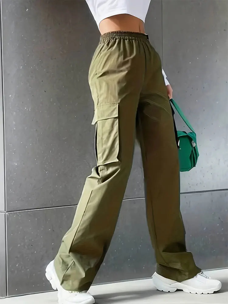 Women’s High Waist Wide Leg Workwear Pants Elastic Waist Loose Casual Solid Color Sports Pants