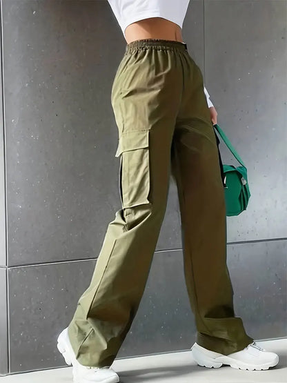 Women’s High Waist Wide Leg Workwear Pants Elastic Waist Loose Casual Solid Color Sports Pants