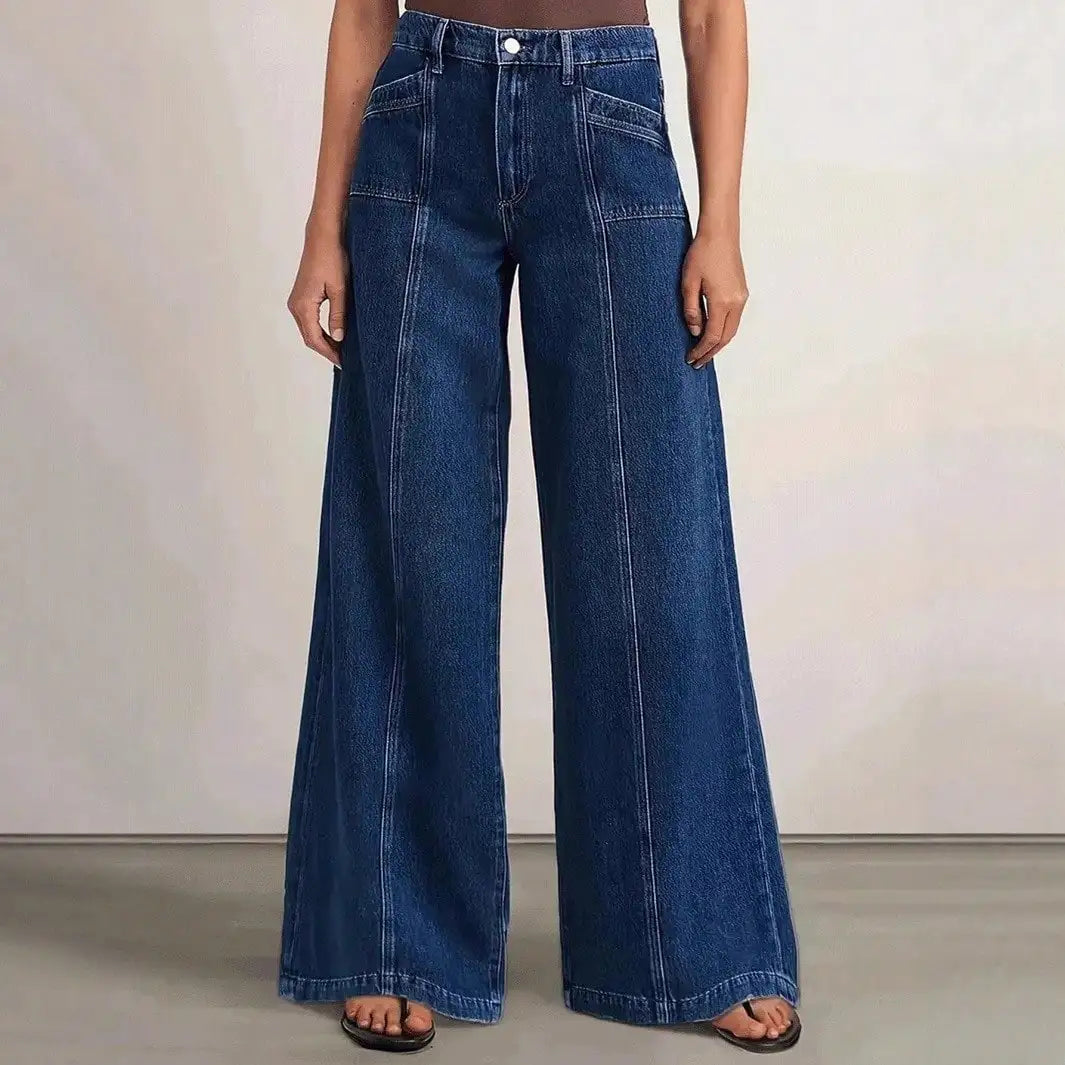 Women's Deep Blue Wide-Leg Jeans – Stylish Casual Denim Trousers for Comfortable Everyday Wear