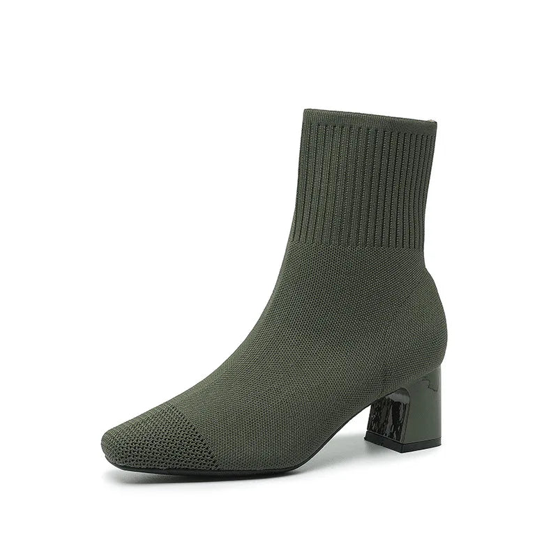 Women's Knitted Sock Boots – Pointed Toe High Heel Mid-Calf Boots, Stretch Fabric Slip-On Design for Spring & Autumn, Plus Size 43