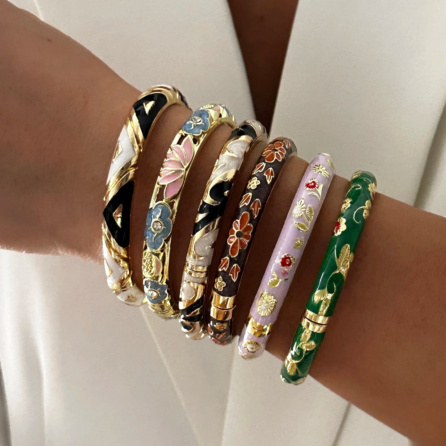 Elegante pulsera de esmalte de flores con circonitas – Pulsera retro chapada en oro con ojo turco floral para mujer | Joyería de moda para fiesta