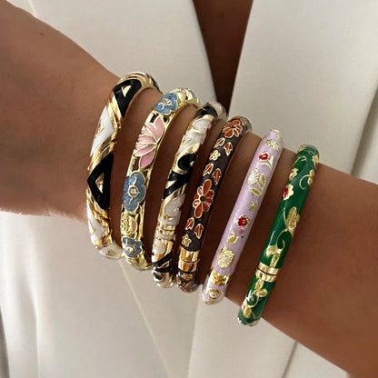 Elegante pulsera de esmalte de flores con circonitas – Pulsera retro chapada en oro con ojo turco floral para mujer | Joyería de moda para fiesta