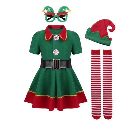 Kids Christmas Santa Claus and Green Elf Costume Set, Boys and Girls Holiday Cosplay Outfit, Festive Fancy Dress for Christmas Parties, Family Carnivals, Halloween Events and Seasonal Celebrations