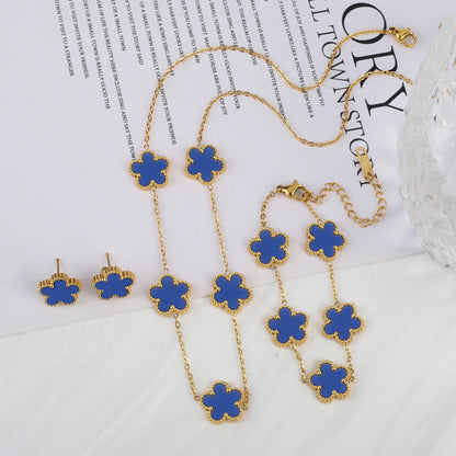 3Pcs Women’s 18K Gold Plated Five Leaf Flower Jewelry Set Clover Necklace Earrings Bracelet Party