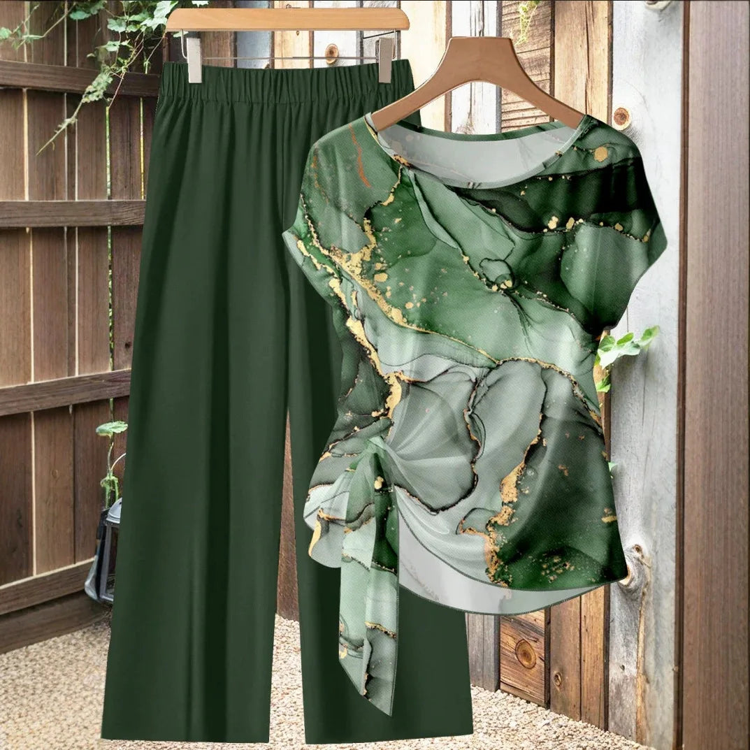 Women's 2-Piece Printed Knot Top & Wide-Leg Pants Set – Round-Neck Short-Sleeve Casual Outfit, Comfortable Polyester Loungewear for All Seasons