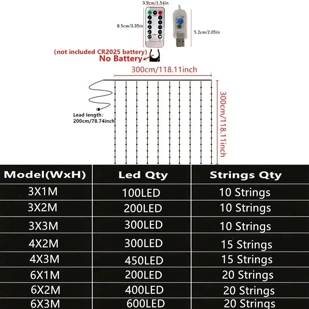 Luces USB LED de Cortina – 8 Modos de Iluminación con Control Remoto para Decoración de Dormitorio, Boda, Festividades y Hogar (3M/6M)