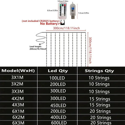Luces USB LED de Cortina – 8 Modos de Iluminación con Control Remoto para Decoración de Dormitorio, Boda, Festividades y Hogar (3M/6M)