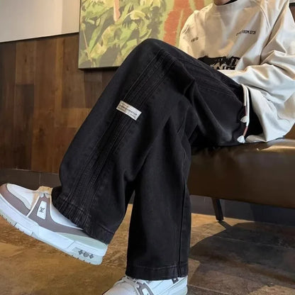 Vaqueros rectos retro para hombre – Pantalones de mezclilla casuales estilo americano de ajuste holgado, con cintura elástica y a la moda urbana