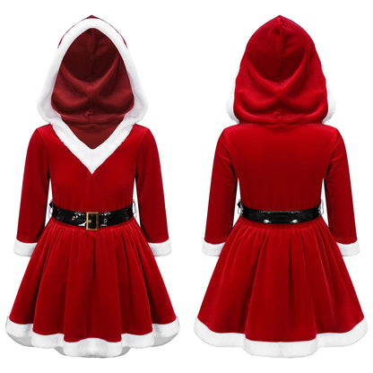Little Girls Christmas Santa Claus Costume Dress, Hooded Velvet Princess Tutu Dress, Cute Xmas Party Cosplay Outfit for Holiday Celebrations, Dance Performances, Stage Shows and Festive Events