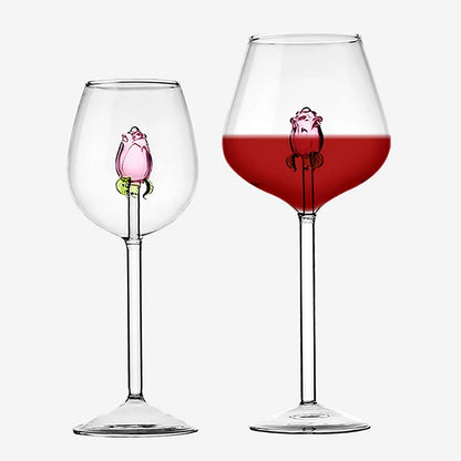 3D Pink Glass Rose Wine Glass Goblet, Red White Wine Cup, Champagne Flute Drinkware, Romantic Valentine’s Day Gift