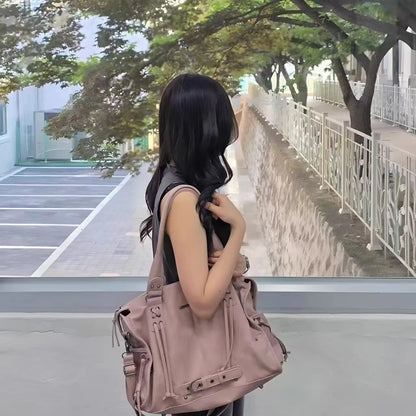 FANCY CLUB Sac fourre-tout moto rétro pour femme – Grand sac à main à rivets avec anses, sac à main tendance de style coréen pour les trajets quotidiens, les voyages, le shopping et les tenues décontractées