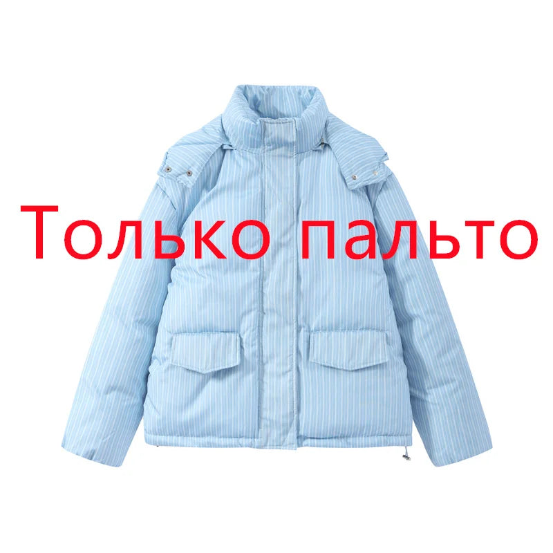 Women’s Winter Printed Coat & Pants 2-Piece Set – Warm Stand Neck Hooded Cotton Jacket with High-Waisted Pants, Chic Casual Outfit