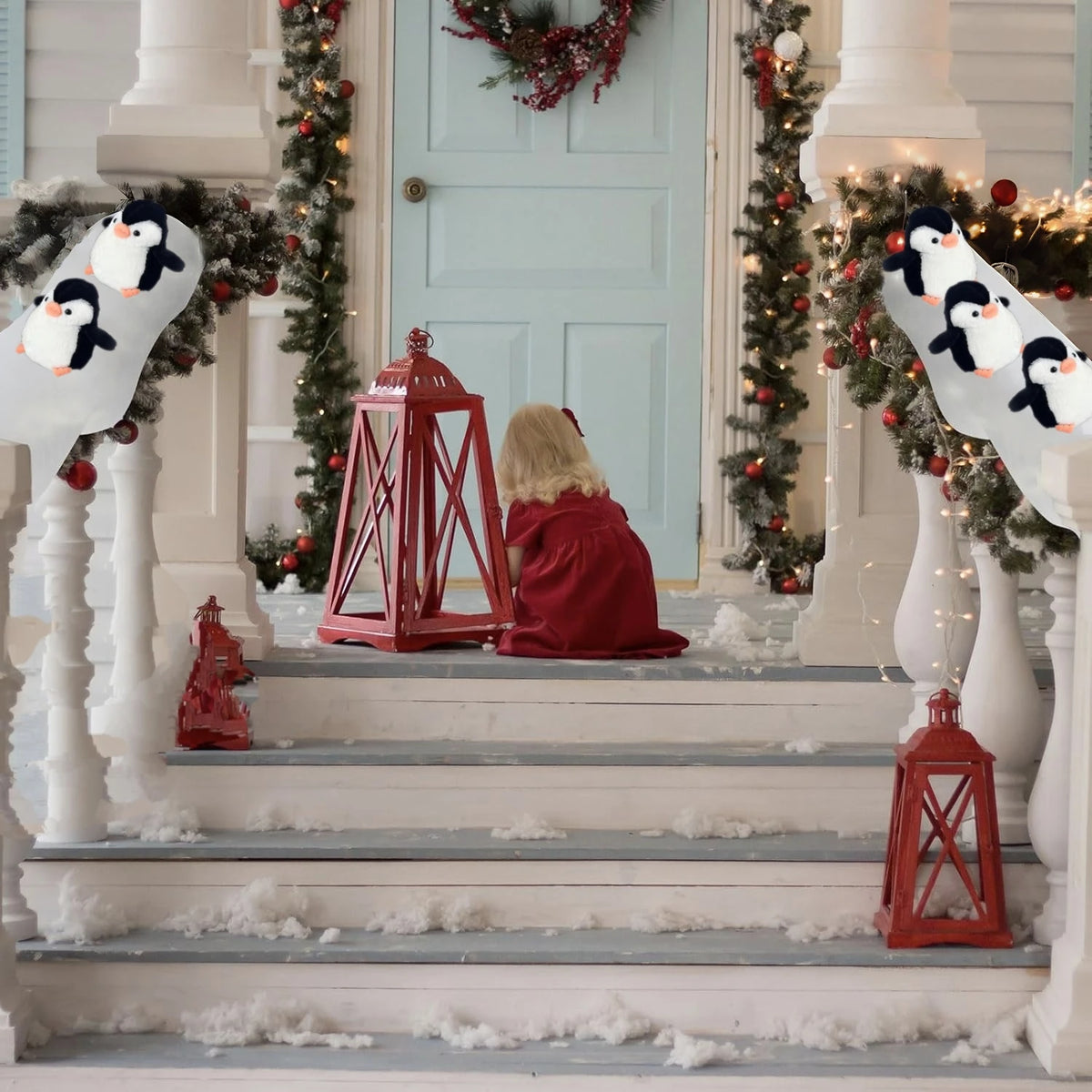 Christmas Staircase Decoration Set – Faux Snow Cotton Carpet with Sliding Penguins, DIY Holiday Decor for Stairs, Banisters & Indoor Christmas Displays