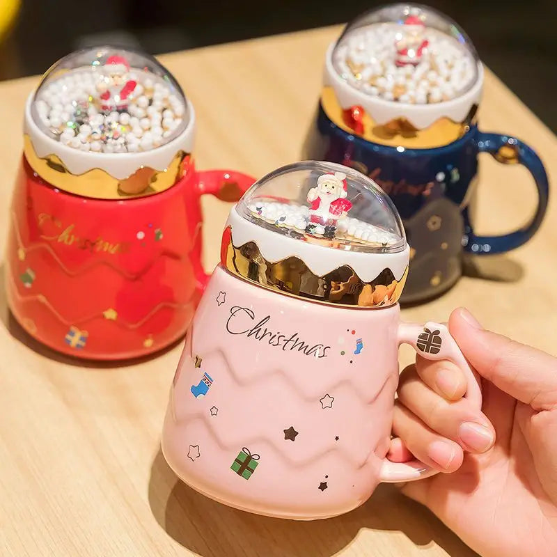 Christmas Couple Ceramic Mug – Creative Santa Claus Figurine Coffee Cup with Lid, Festive Xmas Gift for Home & Office