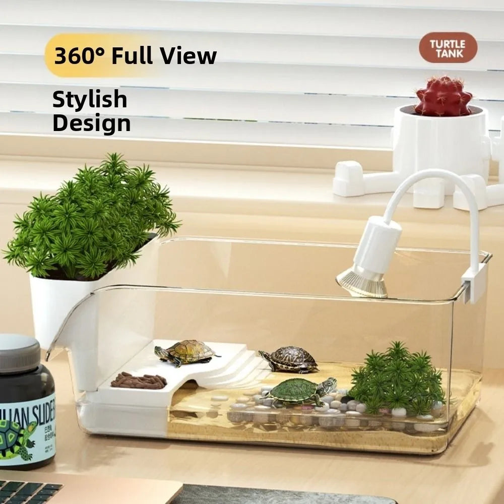 Transparent Turtle Tank with Basking Area – Ecological Reptile Terrarium Habitat with Sunbathing & Climbing Platform for Aquatic Turtles