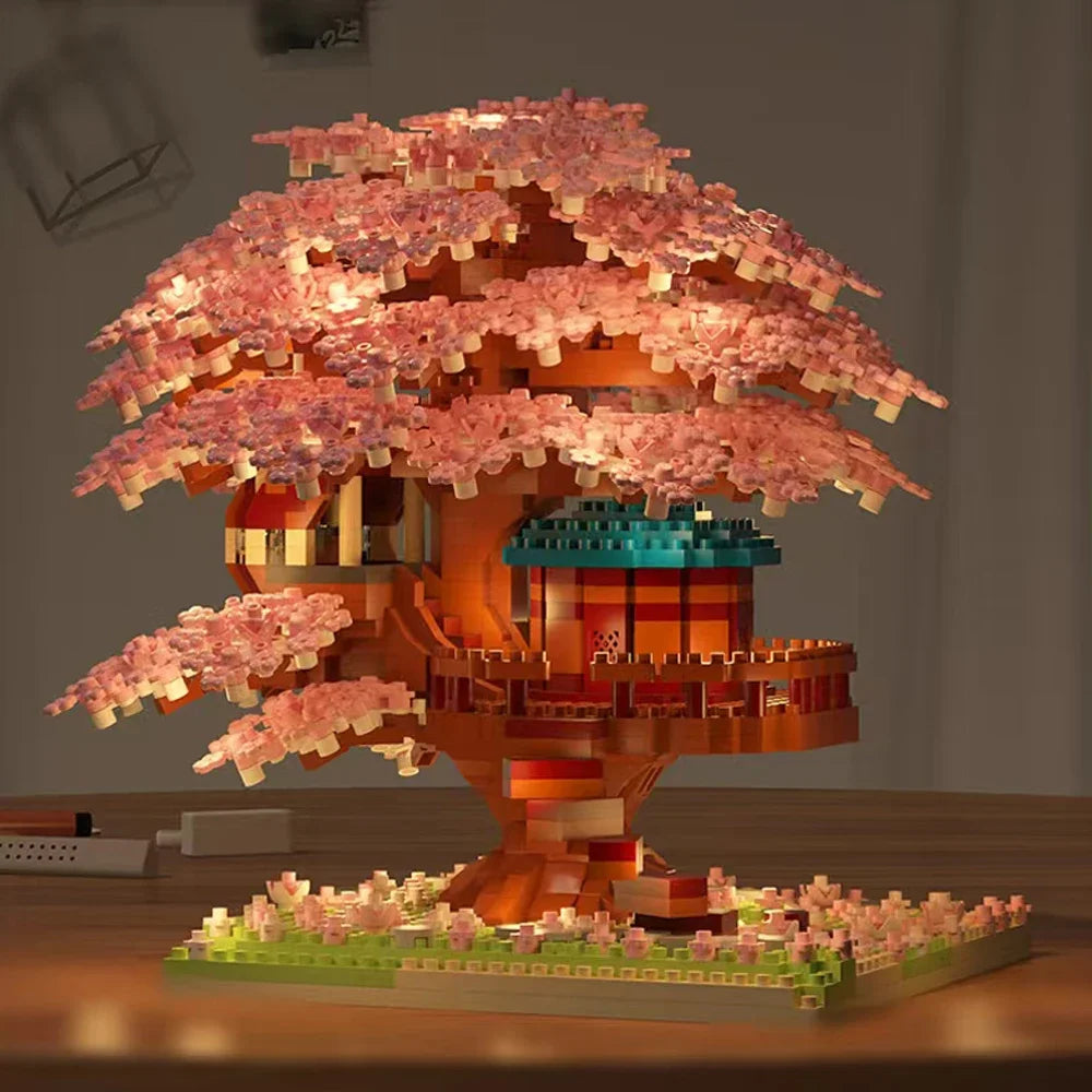 DIY Sakura Tree Building Blocks Set – Cherry Blossom Treehouse Model with LED Lights Romantic Gift Decor