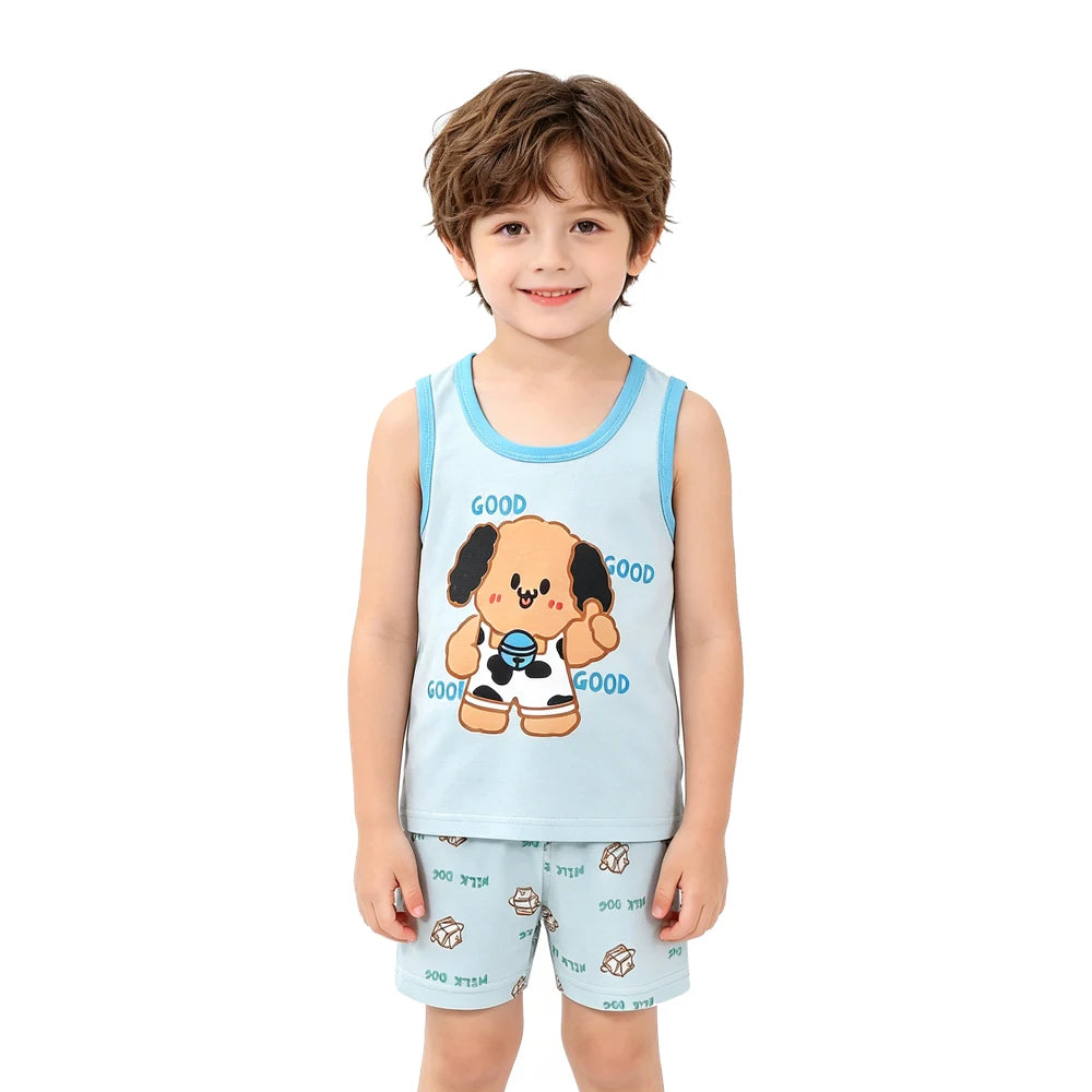 Kids 100% Cotton Pajama Set Sleeveless Tank Top & Shorts Summer Sleepwear for Boys & Girls
