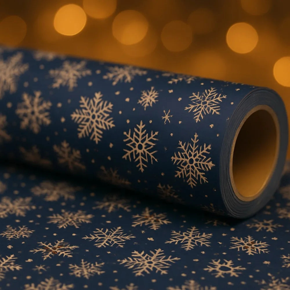 1 Roll Extra Long Navy Blue Snowflake Wrapping Paper – Double-Sided Winter Snowflake Kraft Gift Wrap for Christmas & Holiday Packaging