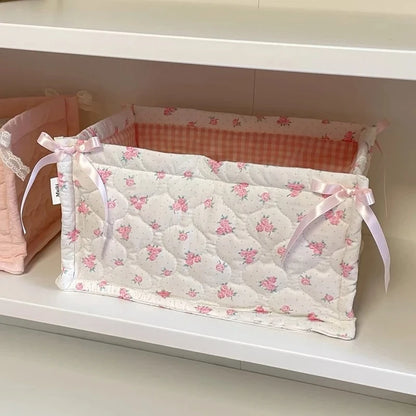 Cute Quilted Lace Storage Basket – Korean Desktop Organizer Bin for Cosmetics, Toys, Sundries & Home Décor