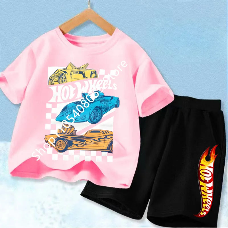 Conjunto de camiseta y pantalón corto de coche de carreras para niños, mezcla de algodón, atuendo de verano para niños y niñas