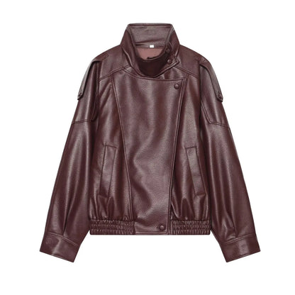 TFMLN Women’s Black Faux Leather Jacket – Oversized Long-Sleeve Button-Up Coat, Elastic-Fit Fashion Outerwear for Autumn & Winter Streetwear