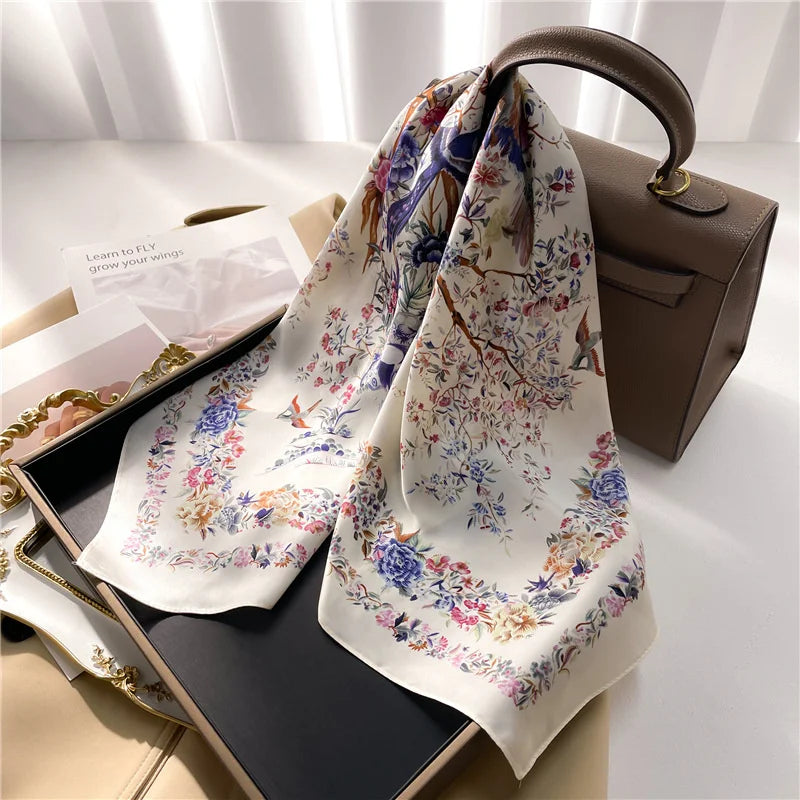 70x70CM Foulard en soie imprimé pour femme – Châle Pashmina carré tendance, tour de cou de luxe, bandeau et bandana décoratif