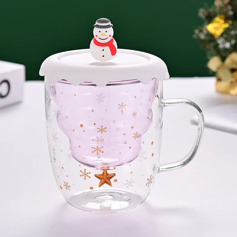 Christmas Tree Glass Cup – Transparent Double-Wall Heat-Resistant Couples Mug with Snowflake Design, Creative Coffee & Drinking Cup Gift