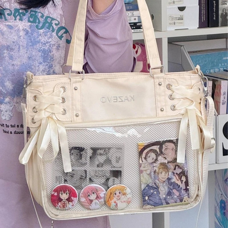 Bolso Bandolera con Lazo Estilo Universitario – Bolso de Hombro de Gran Capacidad para Chicas, Bolso Ita de Moda JK, Bolso de Mano con Acento de Lazo para Libros Escolares, Material Escolar y Uso Diario