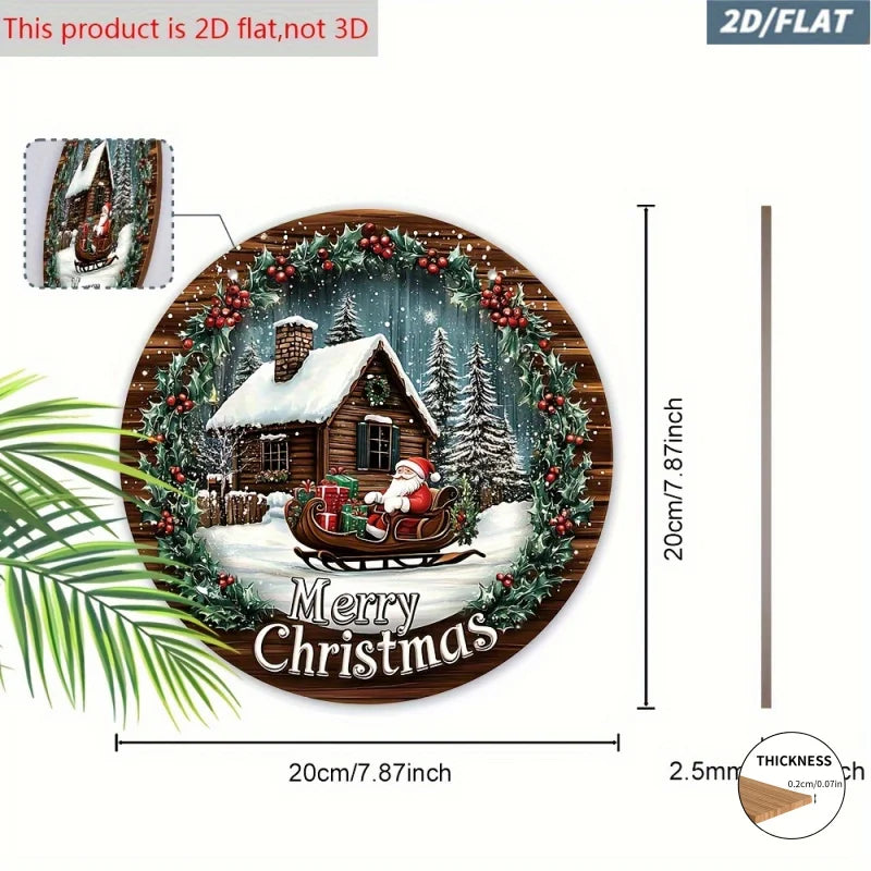 2D Wooden Christmas Wreath Sign – Embossed Santa Claus Sleigh Scene Door & Wall Decoration for Holiday Home Decor