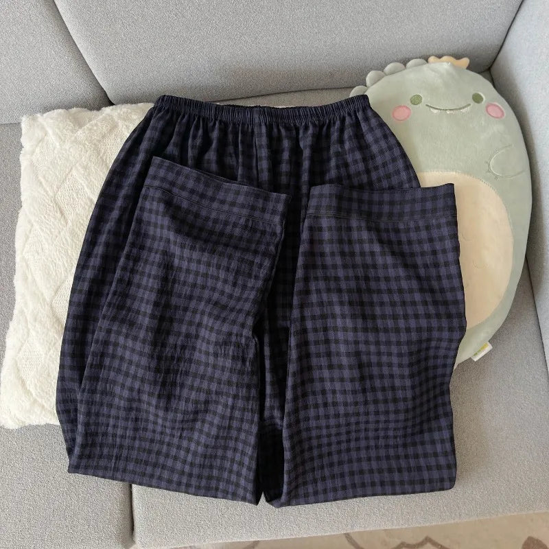 Pijama de 2 piezas a cuadros con bordado de perro para mujer - Estilo coreano, suave, de manga larga, ropa de dormir y de estar para otoño