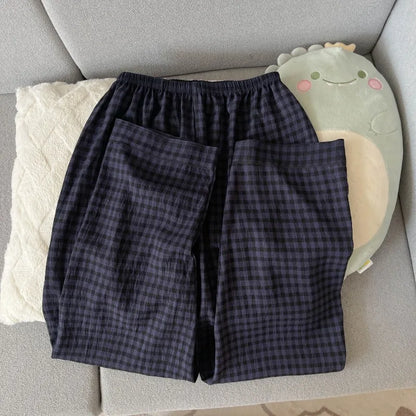Pijama de 2 piezas a cuadros con bordado de perro para mujer - Estilo coreano, suave, de manga larga, ropa de dormir y de estar para otoño
