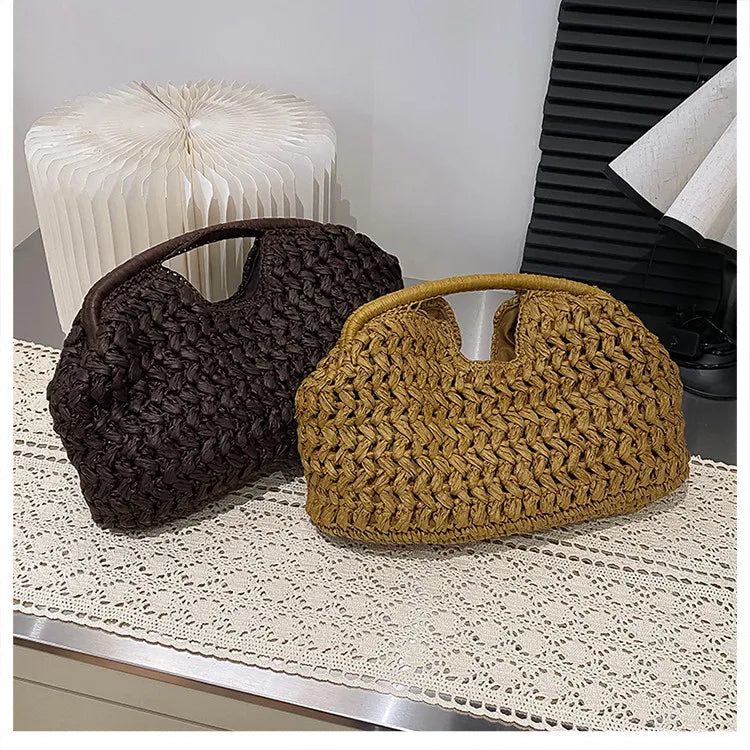 Bolso de playa de lujo de paja tejida para mujer - Bolso de mano de ratán de moda, Bolso de mano de verano para viajes, vacaciones, compras y salidas casuales, Bolso tejido a mano inspirado en el diseñador