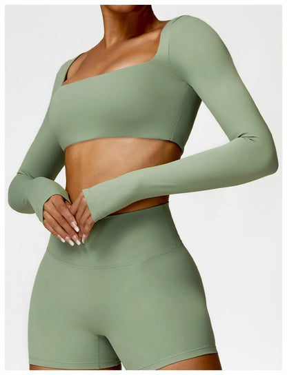 Women’s Square Neck Sports Crop Top – Long Sleeve Quick-Dry Gym Yoga Fitness Activewear