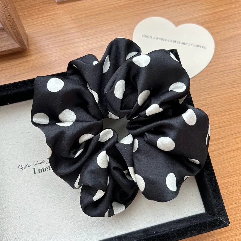 Korean Dot Satin Scrunchies – White & Black Silk Elastic Hair Ties for Women & Girls | Fashion Ponytail Hair Accessories