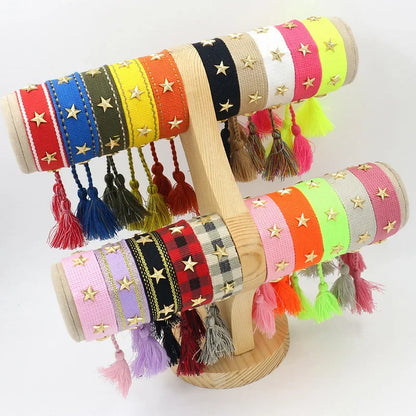 Bohemian Star Tassel Bracelet – Handmade Woven Alloy Gold Rivet Wrist Strap for Women | Ethnic Fashion Jewelry Gift