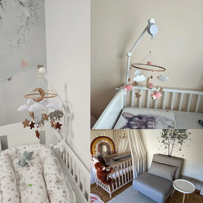 Baby Wooden Bed Bell Bracket – Newborn Crib Mobile Stand for 0-12 Months, Wooden Hanging Toy Holder with Crochet Bed Bell Rattle, Infant Nursery Decoration & Sensory Baby Toy Accessory