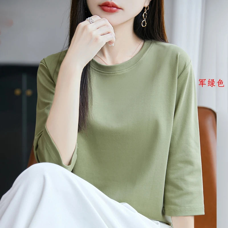 Camiseta de algodón mercerizado para mujer, manga corta, cuello redondo, top básico suave de verano