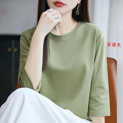 Camiseta de algodón mercerizado para mujer, manga corta, cuello redondo, top básico suave de verano