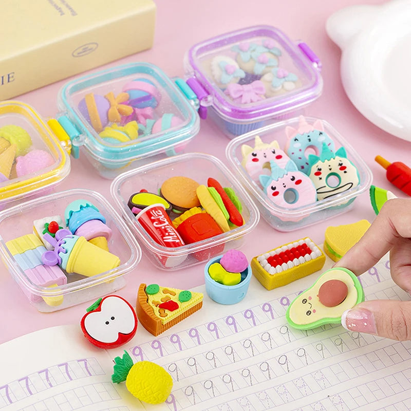 Juego de gomas de borrar creativas para lonchera – Bonitas gomas de borrar de lápiz suaves con temática de comida para estudiantes, útiles escolares, corrección de escritura y divertidos premios de regalo