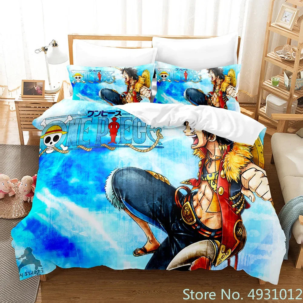 One Piece Luffy 3-Piece Bedding Set – 3D Cartoon Anime Duvet Cover & Pillowcase Set for Kids, Boys, Teens & Adults