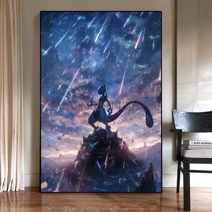 Pokémon Mewtwo HD Canvas Wall Art – Anime Watercolor Poster Print Modern Home Decor