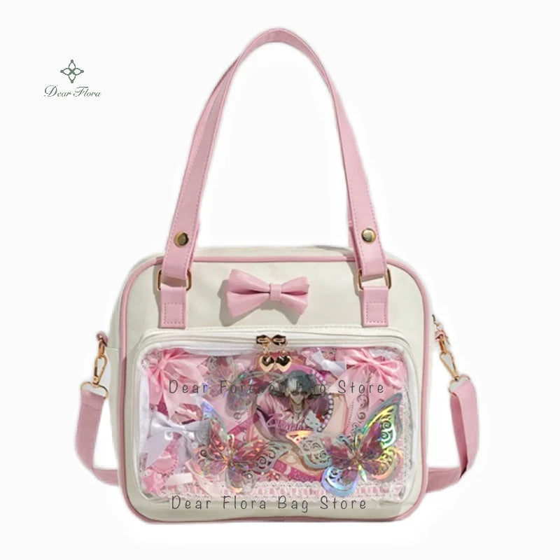 Bolso Y2K lindo con moño Ita – Bolso de hombro transparente para mujer y niña, bolso tote de exhibición de insignias DIY, bolso bandolera de moda Lolita con diseño de moño Kawaii