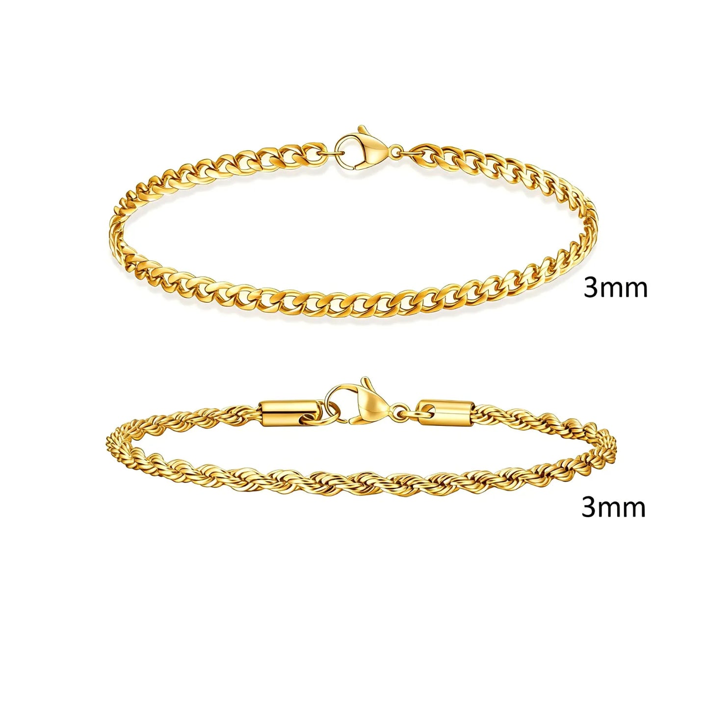 2-Piece Men's Chain Bracelet Set – Stainless Steel Twist Rope & Cuban Link Wristbands in Silver, Gold & Black | Fashion Jewelry Gift