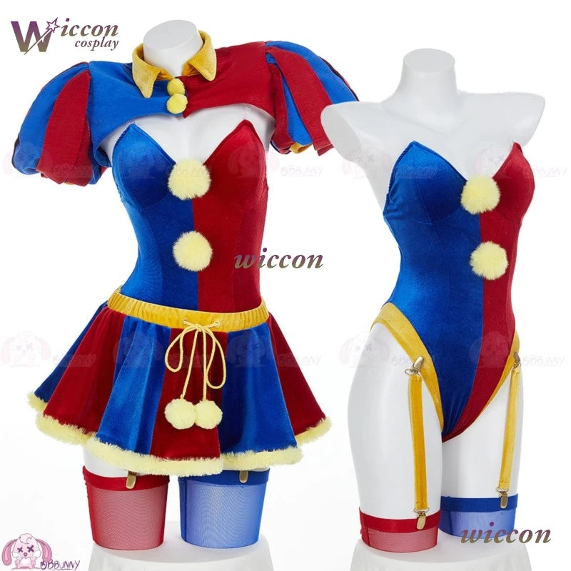 Clown Circus Cosplay Costume – Original Design Adult Set (Pomnii Wig, Hat, Velvet Skirt, Carnival/Christmas Outfit)