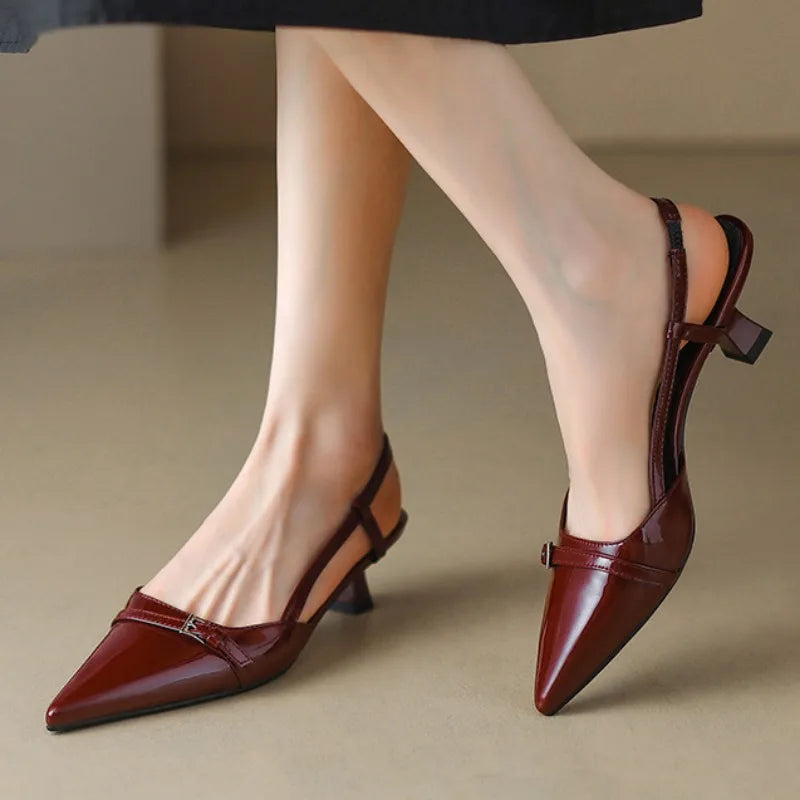 Zapatos de tacón slingback de charol para mujer – Zapatos de vestir de tacón medio con hebilla y punta fina, elegantes sandalias de verano sin cordones