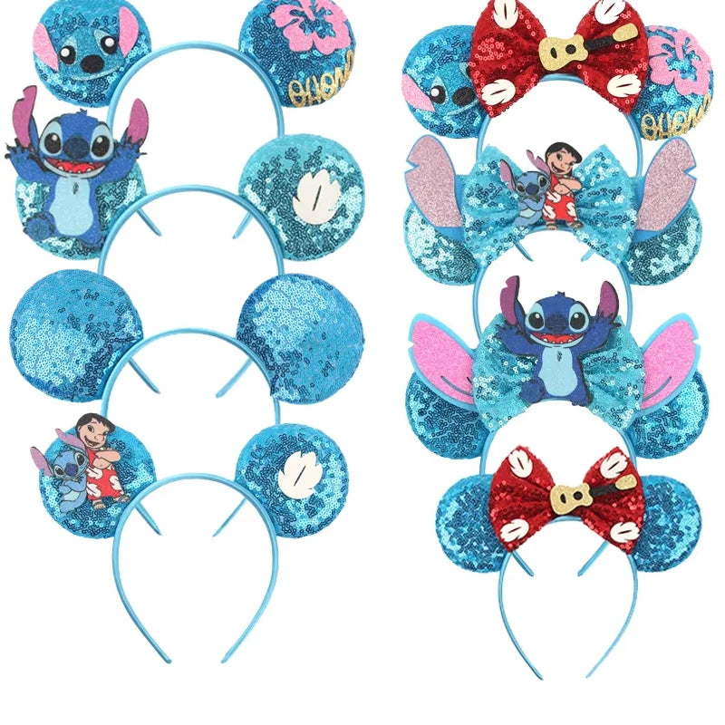 Diadema de orejas de Mickey Mouse de Lilo & Stitch – Lazo de lentejuelas de 5" Accesorio para el cabello de dibujos animados para mujeres y niñas | Diadema para fiestas y festivales