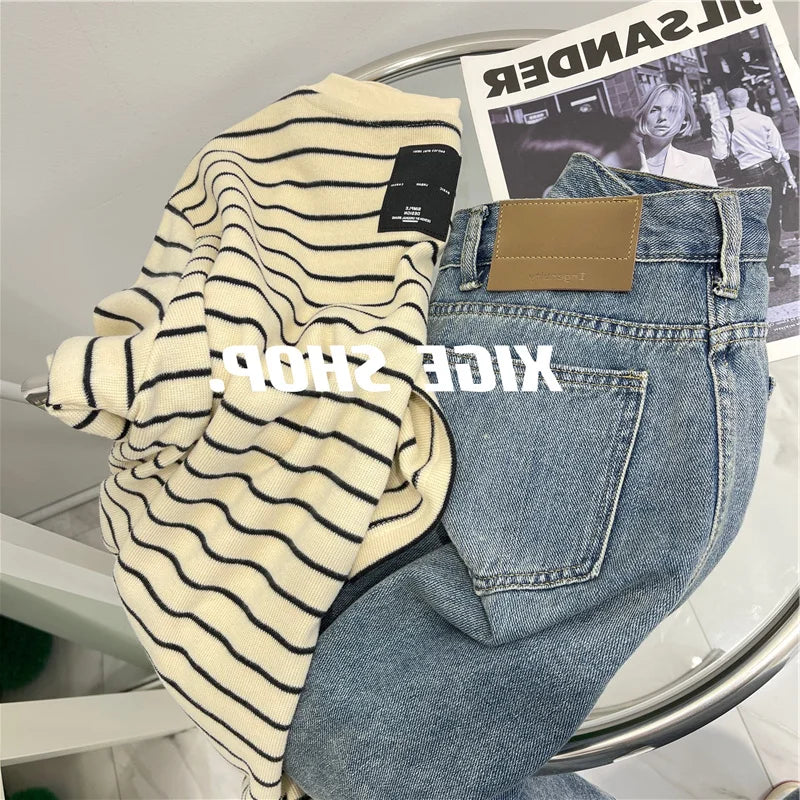Women’s Korean Style Oversize Striped T-Shirt Loose Casual Short Sleeve Cotton Summer Commute Top