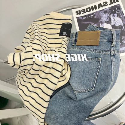 Women’s Korean Style Oversize Striped T-Shirt Loose Casual Short Sleeve Cotton Summer Commute Top